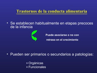 Trastornos de la conducta alimentaria Se establecen habitualmente en etapas precoces de la infancia Pueden ser primarios o secundarios a patologías: Orgánicas Funcionales Puede asociarse o no con retraso en el crecimiento   
