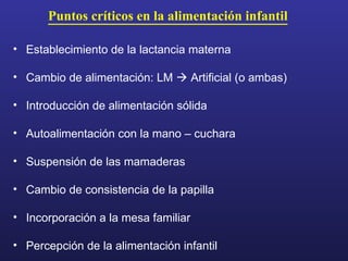 Puntos críticos en la alimentación infantil Establecimiento de la lactancia materna Cambio de alimentación: LM    Artificial (o ambas) Introducción de alimentación sólida Autoalimentación con la mano – cuchara Suspensión de las mamaderas Cambio de consistencia de la papilla Incorporación a la mesa familiar Percepción de la alimentación infantil 