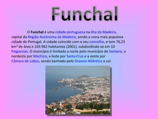 O  Funchal  é uma  cidade   portuguesa  na  ilha da Madeira , capital da  Região Autónoma da Madeira , sendo a nona mais populosa cidade de Portugal. A cidade coincide com o seu  concelho , e tem 76,25 km² de área e 103 962 habitantes (2001), subdividindo-se em 10  freguesias . O município é limitado a norte pelo município de  Santana , a nordeste por  Machico , a leste por  Santa Cruz  e a oeste por  Câmara de Lobos , sendo banhado pelo  Oceano Atlântico  a sul. 