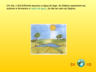Um dia, o Sol brilhante aqueceu a água do lago. As Salpico separaram-se, subiram e formaram o  vapor de água . Já não se viam as Salpico. 