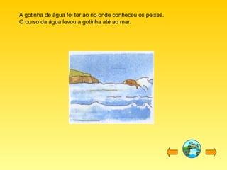 A gotinha de água foi ter ao rio onde conheceu os peixes. O curso da água levou a gotinha até ao mar. 