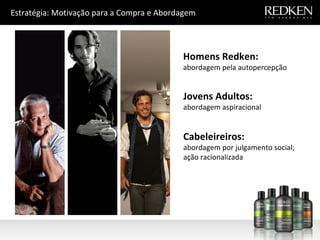 Estratégia: Motivação para a Compra e Abordagem Homens Redken: abordagem pela autopercepção Jovens Adultos: abordagem aspiracional Cabeleireiros: abordagem por julgamento social; ação racionalizada 