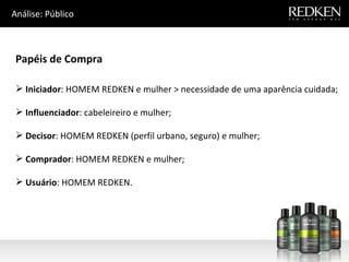 Análise: Público Papéis de Compra Iniciador : HOMEM REDKEN e mulher > necessidade de uma aparência cuidada; Influenciador : cabeleireiro e mulher; Decisor : HOMEM REDKEN (perfil urbano, seguro) e mulher; Comprador : HOMEM REDKEN e mulher; Usuário : HOMEM REDKEN. 