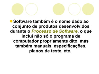 Software também é o nome dado ao conjunto de produtos desenvolvidos durante o  Processo de Software , o que inclui não só o programa de computador propriamente dito, mas também manuais, especificações, planos de teste, etc.  