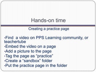 Wiki SettingsWorkspace security – the same options we looked at when you made your wiki.  Best Practice/PPS guidelines:Anyone can view the workspace – authentic audienceOnly approved people can edit – moderation of wiki editing and controlling the number of licensesAccess requests – do not allow additional users require additional licensesAllow commenting for readers (as appropriate) – You’ll want students to be able to comment on each other’s work.