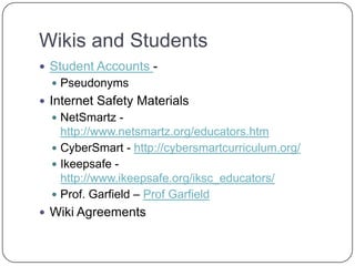 Wiki SettingsNotifications and RSS – Allows wiki to notify people when changes are made to your wiki.  Best Practice/PPS guidelines:Email notifications – Required. This allows you to moderate the changes students make on the wiki.Allow users to access the RSS feed – Your discretion. Interested parents might use this to follow changes on your wiki…