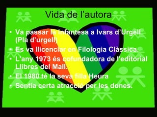 Vida de l’autora Va passar la infantesa a Ivars d’Urgell (Pla d’urgell)  Es va llicenciar en Filologia Clàssica. L'any 1973 és cofundadora de l'editorial Llibres del Mall.  El 1980 té la seva filla Heura  Sentia certa atracció per les dones. 