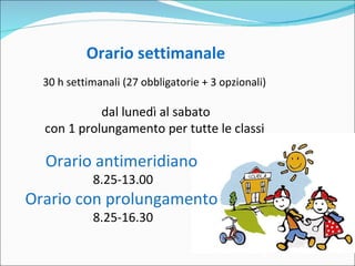 Orario settimanale 30 h settimanali (27 obbligatorie + 3 opzionali)  dal lunedì al sabato con 1 prolungamento per tutte le classi     Orario antimeridiano   8.25-13.00 Orario con prolungamento   8.25-16.30 