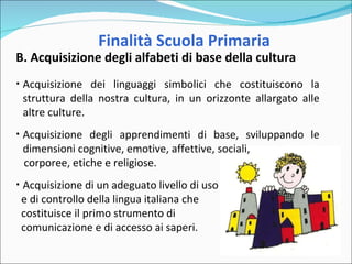 B. Acquisizione degli alfabeti di base della cultura Acquisizione dei linguaggi simbolici che costituiscono la struttura della nostra cultura, in un orizzonte allargato alle altre culture.  Acquisizione degli apprendimenti di base, sviluppando le dimensioni cognitive, emotive, affettive, sociali,  corporee, etiche e religiose. Acquisizione di un adeguato livello di uso  e di controllo della lingua italiana che  costituisce il primo strumento di  comunicazione e di accesso ai saperi. Finalità Scuola Primaria 