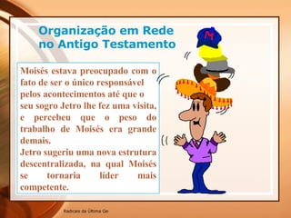 Moisés estava preocupado com o fato de ser o único responsável pelos acontecimentos até que o seu sogro Jetro lhe fez uma visita, e percebeu que o peso do trabalho de Moisés era grande demais. Jetro sugeriu uma nova estrutura descentralizada, na qual Moisés se tornaria líder mais competente. Organização em Rede no Antigo Testamento   