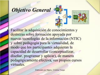 Objetivo General Facilitar la adquisición de conocimientos y destrezas sobre formación apoyada por nuevas tecnologías de la información (NTIC) y sobre pedagogía para la virtualidad, de modo que los participantes adquieran la capacidad de desarrollar (conceptualizar, diseñar, programar y aplicar), de manera pedagógicamente efectiva, sus propios cursos virtuales. 