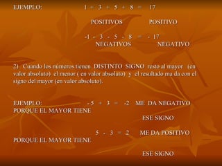 EJEMPLO:  1  +  3  +  5  +  8  =  17                                                    POSITIVOS  POSITIVO      -1  -  3  -  5  -  8  =  -  17                                            NEGATIVOS  NEGATIVO        2)  Cuando los números tienen  DISTINTO  SIGNO  resto al mayor  (en valor absoluto)  el menor ( en valor absoluto)  y  el resultado ma da con el signo del mayor (en valor absoluto).       EJEMPLO:  - 5  +  3  =  -2  ME  DA NEGATIVO PORQUE EL MAYOR TIENE    ESE SIGNO       5  -  3  =  2  ME DA POSITIVO PORQUE EL MAYOR TIENE    ESE SIGNO   