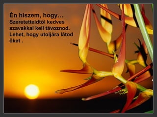 Én hiszem, hogy… Szeretetteidtől kedves szavakkal kell távoznod. Lehet, hogy utoljára látod őket .   