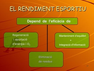 EL RENDIMENT ESPORTIU Eliminació  de residus Regeneració i aportació d’energia i O 2 Depend  de  l’eficàcia  de Manteniment d’equilibri + Integració d’informació 