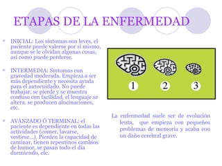 ETAPAS DE LA ENFERMEDAD INICIAL: Los síntomas son leves, el paciente puede valerse por sí mismo, aunque se le olvidan algunas cosas, así como puede perderse. INTERMEDIA: Síntomas con gravedad moderada. Empieza a ser más dependiente y necesita ayuda para el autocuidado. No puede trabajar, se pierde y se muestra confuso con facilidad, el lenguaje se altera, se producen alucinaciones, etc. AVANZADO Ó TERMINAL: el paciente es dependiente en todas las actividades (comer, lavarse, vestirse…). Pierden la capacidad de caminar, tienen repentinos cambios de humor, se pasan todo el día durmiendo, etc. La enfermedad suele ser de evolución lenta,  que empieza con pequeños problemas de memoria y acaba con un daño cerebral grave. 