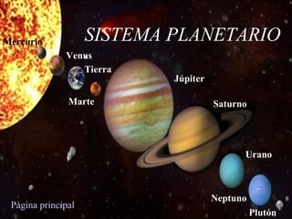 SISTEMA PLANETARIO Página principal Mercurio Venus Tierra Júpiter Saturno Urano Marte Neptuno Plutón 