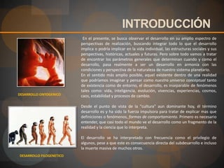INTRODUCCIÓN En el presente, se busca observar el desarrollo en su amplio espectro de perspectivas de realización, buscando integrar todo lo que el desarrollo implica o podría implicar en la vida individual, las estructuras sociales y sus perspectivas, históricas, actuales y futuras. Pero sobre todo vamos a tratar de encontrar los parámetros generales que determinan cuando y como el desarrollo, pasa realmente a ser un desarrollo en armonía con las condiciones y perspectiva de la naturaleza de nuestro sistema planetario. En el sentido más amplio posible, aquel existente dentro de una realidad que podríamos imaginar y pensar como nuestro universo conceptualtanto de existencia como de entorno, el desarrollo, es inseparable de fenómenos tales como: vida, inteligencia, evolución, vivencias, experiencias, cosmos, caos, estabilidad y procesos de cambio. Desde el punto de vista de la "cultura" aun dominante hoy, él término desarrollo es y ha sido la fuerza impulsora para tratar de explicarmas que definiciones o fenómenos, formas de comportamiento. Primero es necesario entender, que casi todo el mundo ve el desarrollo como un fragmento de la realidad y la ciencia que lo interpreta. El desarrollo se ha interpretado con frecuencia como el privilegio de algunos, pese a que este es consecuencia directa del subdesarrollo e incluso la muerte masiva de muchos otros. DESARROLLO ONTOGENICODESARROLLO FILOGENETICO