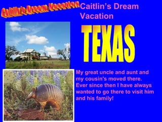 Caitlin's Dream Vacation TEXAS Caitlin’s Dream Vacation My great uncle and aunt and my cousin's moved there. Ever since then I have always wanted to go there to visit him and his family! 