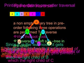 a non empty binary tree in pre-order following three operations are performed To traverse  Visit the root node Traverse the left sub –tree in pre-order Traverse the right sub-tree in pre-order Pre-order traversal A B C D E F G Printing the data in pre-order traversal Traversal starts from the root node The data at the root node i.e. A gets printed A Since D is the leaf node ,it gets printed ,which is the left child of B. D Now B gets printed as it is the parent of the node D B Since E is the leaf node ,it gets printed , which is right child of B   E Now C gets printed as it is the parent of the node F C Since F is the leaf node ,it gets printed , which is the left child of c F Since G is leaf node ,it gets printed , which the right child of C G 