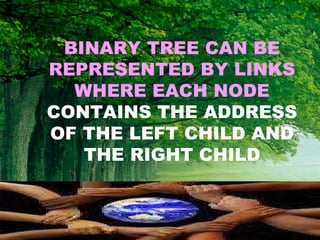 BINARY TREE CAN BE REPRESENTED BY LINKS WHERE EACH NODE   CONTAINS THE ADDRESS OF THE LEFT CHILD AND THE RIGHT CHILD 