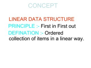   CONCEPT LINEAR DATA STRUCTURE PRINCIPLE :-  First in First out DEFINATION :-  Ordered collection of items in a linear way. 
