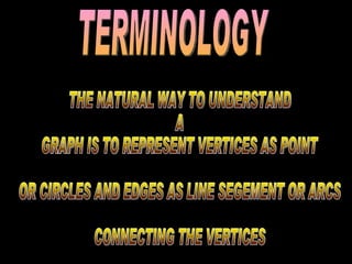 TERMINOLOGY THE NATURAL WAY TO UNDERSTAND  A  GRAPH IS TO REPRESENT VERTICES AS POINT OR CIRCLES AND EDGES AS LINE SEGEMENT OR ARCS CONNECTING THE VERTICES 