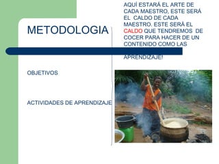 METODOLOGIA OBJETIVOS ACTIVIDADES DE APRENDIZAJE AQUÍ ESTARÁ EL ARTE DE CADA MAESTRO, ESTE SERÁ EL  CALDO DE CADA MAESTRO. ESTE SERÀ EL  CALDO  QUE TENDREMOS  DE COCER PARA HACER DE UN CONTENIDO COMO LAS EMOCIONES, ¡UN APRENDIZAJE!  