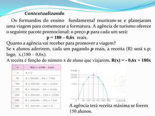 Contextualizando    Os formandos do ensino  fundamental reuniram-se e planejaram uma viagem para comemorar a formatura. A agência de turismo oferece o seguinte pacote promocional: o preço p para cada um será:                                    p = 180 – 0,6x  reais.Quanto a agência vai receber para promover a viagem?Se x alunos aderirem, cada um pagando p reais, a receita (R) será x.p; logo,  x.(180 – 0,6x).A receita é função do número x de aluno que viajarem. R(x) = - 0,6x + 180xA agência terá receita máxima se forem 150 alunos.