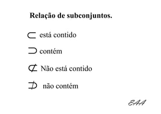 Relação de subconjuntos.

⊂ está contido
⊃ contém
⊄ Não está contido
⊃ não contém
                           EAA
 