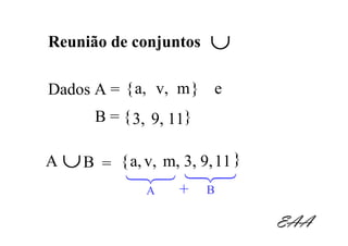 Reunião de conjuntos     ∪
Dados A = { a, v, m} e
       B = { 3, 9, 11}

A ∪ B = { a, v, m, 3, 9, 11 }
           1 3 1 3
            2   2
              A     +    B

                                EAA
 