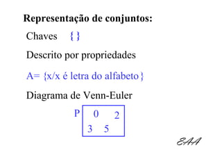 Representação de conjuntos:
Chaves    {}
Descrito por propriedades
A= {x/x é letra do alfabeto }
Diagrama de Venn-Euler
           P       0       2
               3       5
                                EAA
 
