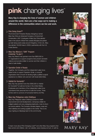 pink changing lives
                                                                                SM




  Mary Kay is changing the lives of women and children
  around the world. Here are a few ways we’re making a
  difference in the communities where we live and work.


> Pink Doing Green    SM

  The Environment Protection Bureau (Hangzhou) named
  Mary Kay China an Advanced Company in Environment
  Conservation, 2007. Employees of Mary Kay China planted
  trees in the suburb of Boat Park outside Shanghai and picked
  up trash along scenic areas around Hangzhou. In the U.S., Mary
  Kay planted 100,000 trees in 2008 in partnership with the U.S.
  Forest Service.


> Mary Kay “to give”)“DAR” Program
  (meaning
           Mexico’s

  Mary Kay Mexico has granted more than $800,000 to
  17 organizations to support programs that prevent domestic
  violence and provide shelter to women and their children in
  need of safe shelter.


> Operation Smile in Russia
  Together, the Company and the independent sales force
  raised funds to support Operation Smile, a nonprofit
  organization that is known for lending highly qualified surgical
  assistance to children who are born with facial deformities.


> Habitat for Humanity     ®

  Mary Kay has granted more than $360,000 to Habitat
  for Humanity® to build six homes in the United States.
  Employees and members of the independent sales force
  volunteered their personal time to build the homes. Three
  homes went to survivors of hurricanes Katrina and Rita.


> Mary Kay Philippines visits Childhaus
  Mary Kay Philippines visited Childhaus (Center for Health
  Improvement and Life Development), a temporary shelter for
  indigent patients who are undergoing treatments, most of whom
  are cancer patients. The Company donated diapers, soap and
  other toiletries and cooking supplies to the Center. This is one
  way of giving our blessings back to the commmunity.




  To learn more about Pink Changing LivesSM and other Mary Kay programs that
  help women and children, visit our website, www.marykay.com.ph, or call me.



                                                                                     39
 