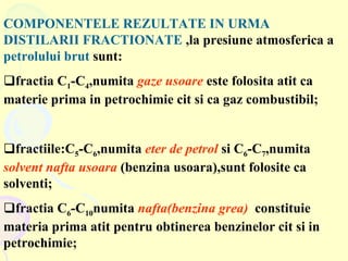 COMPONENTELE REZULTATE IN URMA DISTILARII FRACTIONATE   ,la presiune atmosferica   a  petrolului brut   sunt: fractia C 1 -C 4 ,numita  gaze usoare  este folosita atit ca materie prima in petrochimie cit si ca gaz combustibil; fractiile:C 5 -C 6 ,numita  eter de petrol  si C 6 -C 7 ,numita  solvent nafta usoara  (benzina usoara),sunt folosite ca solventi; fractia C 6 -C 10 numita  nafta(benzina grea)   constituie materia prima atit pentru obtinerea benzinelor cit si in petrochimie; 