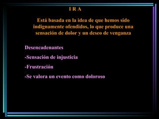 I R A Está basada en la idea de que hemos sido indignamente ofendidos, lo que produce una sensación de dolor y un deseo de venganza Desencadenantes -Sensación de injusticia -Frustración -Se valora un evento como doloroso 