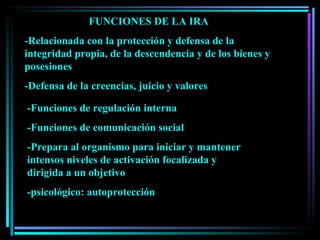 FUNCIONES DE LA IRA -Relacionada con la protección y defensa de la integridad propia, de la descendencia y de los bienes y posesiones -Defensa de la creencias, juicio y valores -Funciones de regulación interna -Funciones de comunicación social -Prepara al organismo para iniciar y mantener intensos niveles de activación focalizada y dirigida a un objetivo -psicológico: autoprotección 