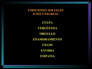 CULPA VERGÜENZA ORGULLO ENAMORAMIENTO CELOS ENVIDIA EMPATIA EMOCIONES SOCIALES O SECUNDARIAS 