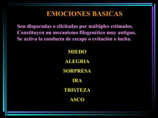 EMOCIONES BASICAS MIEDO ALEGRIA SORPRESA IRA TRISTEZA ASCO Son disparadas o elicitadas por múltiples estímulos. Constituyen un mecanismo filogenético muy antiguo. Se activa la conducta de escape o evitación o lucha.  