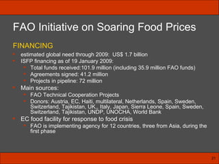 estimated global need through 2009:  US$ 1.7 billion ISFP financing as of 19 January 2009:  Total funds received:101.9 million (including 35.9 million FAO funds) Agreements signed: 41.2 million  Projects in pipeline: 72 million  Main sources: FAO Technical Cooperation Projects Donors: Austria, EC, Haiti, multilateral, Netherlands, Spain, Sweden, Switzerland, Tajikistan, UK,, Italy, Japan, Sierra Leone, Spain, Sweden, Switzerland, Tajikistan, UNDP, UNOCHA, World Bank EC food facility for response to food crisis FAO is implementing agency for 12 countries, three from Asia, during the first phase FAO Initiative on Soaring Food Prices FINANCING 21 