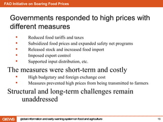 Reduced food tariffs and taxes Subsidized food prices and  expanded safety net programs Released stock and increased food import Imposed export control Supported input distribution, etc. The measures were short-term and costly High budgetary and foreign exchange cost Measures prevented high prices from being transmitted to farmers Structural and long-term challenges remain unaddressed Governments responded to high prices with different measures 16 