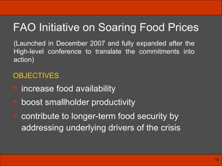 OBJECTIVES increase food availability  boost smallholder productivity contribute to longer-term food security by addressing underlying drivers of the crisis   FAO Initiative on Soaring Food Prices (Launched in December 2007 and fully expanded after the High-level conference to translate the commitments into action) 19 