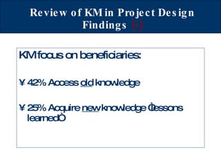 Review of KM in Project Design Findings  (-) KM focus on beneficiaries: 42% Access  old  knowledge 25% Acquire  new  knowledge “lessons learned“ 