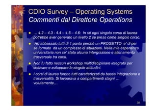 CDIO Survey – Operating Systems
Commenti dal Direttore Operations
 … 4.2 – 4.3 - 4.4 – 4.5 – 4.6: In sè ogni singolo corso di laurea
 potrebbe aver generato un livello 2 se preso come singolo corso.
  Ho abbassato tutti di 1 punto perché un PROGETTO e’ di per
 se formato da un complesso di situazioni. Nella mia esperienza
 universitaria non ce’ stata alcuna intergrazione e allenamento
 trasversale tra corsi.
 Non fu fatto nessun workshop multidisciplinare integrato per
 coltivare e sviluppare le singole attitudini.
 I corsi di laurea furono tutti caratterizzati da bassa integrazione e
 trasversalità. Si lavoarava a compartimenti stagni …
 volutamente…




                                                                   30
 