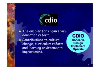 The enabler for engineering
education reform.             CDIO
Contributions to cultural      Conceive
change, curriculum reform       Design
                              Implement
and learning environments      Operate
improvement.


                                          6
 