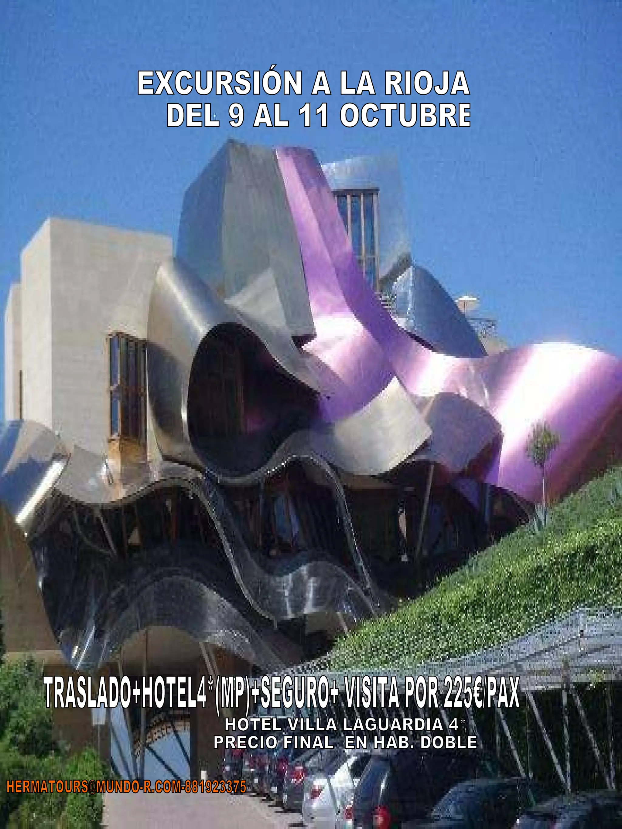 EXCURSIÓN A LA RIOJA DEL 9 AL 11 OCTUBRE TRASLADO+HOTEL4*(MP)+SEGURO+ VISITA POR 225€/PAX HOTEL VILLA LAGUARDIA 4* PRECIO FINAL  EN HAB. DOBLE [email_address] 