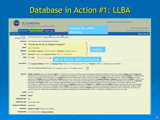 Database in Action #1: LLBA type llba in this box type your search statement here click on title of article or ‘View record’ for more information citation title of source, which is a journal explore the useful features 