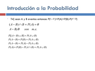 Introducción a la Probabilidad T4] sean A y B eventos entonces P(  )=P(A)+P(B)-P(  ) 