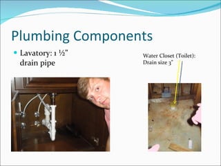 Plumbing Components Lavatory: 1 ½” drain pipe Water Closet (Toilet): Drain size 3” 