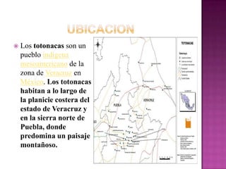 UBICACION<br />Los totonacas son un pueblo indígenamesoamericano de la zona de Veracruz en México. Los totonacas habitan a...
