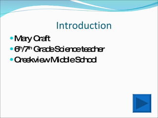 Introduction Mary Craft 6 th /7 th  Grade Science teacher Creekview Middle School 