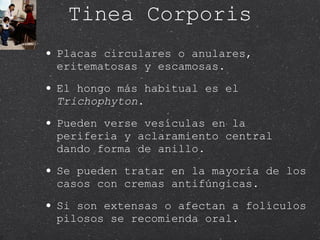 Tinea Corporis Placas circulares o anulares, eritematosas y escamosas. El hongo más habitual es el  Trichophyton . Pueden verse vesículas en la periferia y aclaramiento central dando forma de anillo. Se pueden tratar en la mayoría de los casos con cremas antifúngicas. Si son extensas o afectan a folículos pilosos se recomienda oral. 